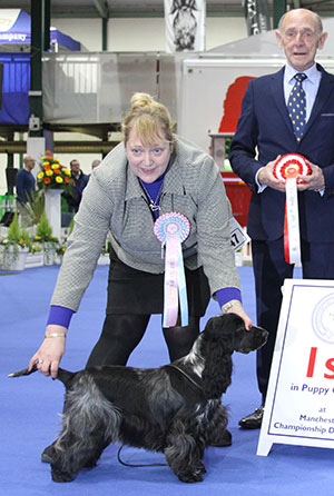 Mrs S L & Mr R Williams Wilmerella Storm Bird with puppy group judge Mr C Mackay 